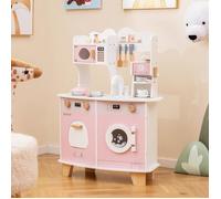 COSTWAY Cuisine pour Enfant 3 Ans+ , 12 Accessoires, Zone : Cafetièree, Micro-ondes, Four, Machine à Laver Rose