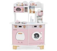 COSTWAY Cuisine pour Enfant 3 Ans+ , 12 Accessoires, Zone : Cafetièree, Micro-ondes, Four, Machine à Laver Rose