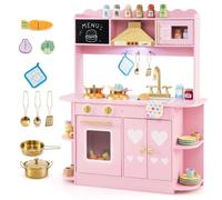 COSTWAY Cuisine pour Enfant avec lumière et Son, Cuisine de Jeu en Bois | Cuisine de poupée avec tableau, cuisinière, micro-ondes, four, évier et accessoires de cuisine, cuisine jouet pour enfants à