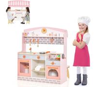 COSTWAY Cuisine pour enfants 2 en 1, cuisine de jeu double face, cuisine en bois avec cuisinière, four, grill, baldaquin réglable & robinet en bois, cuisine jouet pour enfants de 3 à 8 ans