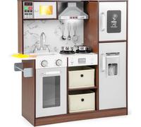 COSTWAY Cuisine pour enfants avec accessoires, Cuisine de jeu avec son et lumière, Cuisine en bois avec évier Hotte aspirante Micro-ondes Machine à glaçons Table, Cuisine de jeu pour enfants à partir