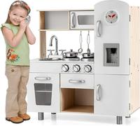 COSTWAY Cuisine pour enfants avec son et lumière réalistes, Cuisine pour enfants en bois avec réfrigérateur, accessoires de jeu inclus, pour enfants à partir de 3 ans, 72,5 x 29 x 81,5cm