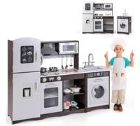 COSTWAY Cuisine pour enfants, Cuisine d'angle avec lumière, son, 7 accessoires, Cuisine jouet avec machine à glace, micro-ondes, machine à laver bois pour enfants 3+