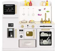 COSTWAY Cuisine pour enfants Cuisine de jeu avec accessoires, tableau d'écriture machine à glaçons tiroir lave-vaisselle, micro-ondes éclairé, cuisine de jeu pour les enfants 3+