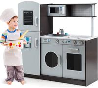COSTWAY Cuisine pour enfants en bois, Cuisine de jeu avec évier et robinet, cuisinière avec bruits de clic, four & micro-ondes, Cuisine de jeu avec tableau noir pour enfants à partir de 3 ans
