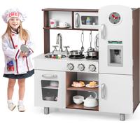 COSTWAY Cuisine pour enfants en bois, Cuisine de jeu avec son et lumière, Set de cuisine de jeu avec cuisinière, micro-ondes, four, machine à glace, téléphone, horloge, évier, ustensiles pour enfants