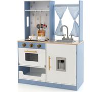 COSTWAY Cuisine pour enfants en bois, Cuisine jouet avec rideaux, cuisinière, évier, four & distributeur d'eau, Cuisine jouet avec ustensiles de cuisine, sons & lumières, pour enfants à partir de 3 an