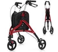 COSTWAY Déambulateur à 3 Roues Pliable en Aluminium, Rollator Hauteur Réglable en 6 Niveaux avec Panier de Rangement Charge 136KG, pour Personnes Âgées, Intérieur & Extérieur (Rouge)