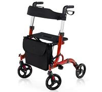 COSTWAY Déambulateur à 4 Roues Pliable en Alliage d'Aluminium, Rollator Poignées Réglables en Hauteur 83-96 cm Dossier Réversible Double Système de Freinage Sac de Rangement, Charge 150KG, Rouge