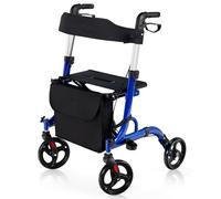 COSTWAY Déambulateur à 4 Roues Pliable en Alliage d'Aluminium, Rollator Poignées Réglables en Hauteur 83-96 cm Dossier Réversible Double Système de Freinage Sac de Rangement, Charge 150KG, Bleu