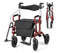 COSTWAY Déambulateur Tout-Terrain à 4 Roues avec Siège, Combiné Déambulateur et Fauteuil Roulant 2-en-1 avec Pneus Pneumatiques de 23 cm Hauteur Réglable, Rollator Charge 140KG (Rouge)