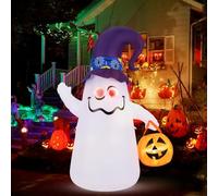 COSTWAY Décoration d’Halloween Gonflable 180 cm, Fantôme Mignon avec Lanterne Citrouille, Chapeau de Sorcier, 5 Lumières LED à Intensité Variable, Décoration d'halloween pour Intérieur, Jardin