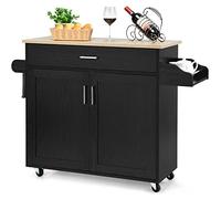 COSTWAY Dessert de Cuisine à roulettes Verrouillables, Ilot Central Cuisine Étagère Réglable sur 3 Niveaux, Grand Placard, Tiroir, Porte-épices et Porte-Serviettes, 40 x 116 x 85 cm (Noir)
