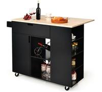 COSTWAY Desserte/Chariot à Roulettes avec Comptoir en Bois de Caoutchouc Pliable Ilot Central Cuisine avec Porte-épices Noir