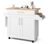 COSTWAY Desserte de Cuisine à roulettes, Chariot de Service avec Plan de Travail, Tiroir, Grand Placard, Étagère Réglable, Porte-Serviettes & Porte-épices, pour Cuisine, Salle à Manger (Blanc)