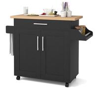COSTWAY Desserte de Cuisine à roulettes, Chariot de Service avec Plan de Travail, Tiroir, Grand Placard, Étagère Réglable, Porte-Serviettes & Porte-épices, pour Cuisine, Salle à Manger (Noir)