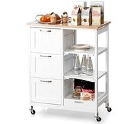 COSTWAY Desserte de Cuisine à roulettes, Chariot de Service avec Plateau en Bois d'Hévéa, 3 Grand Tiroirs, 3 Étagères de Rangements, Roues verrouillables, 37 x 67 x 83,5 cm, Blanc