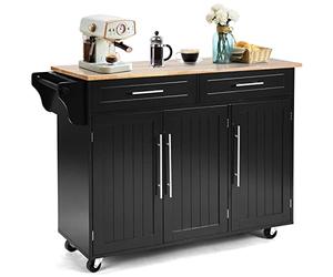 COSTWAY Desserte de Cuisine à roulettes, Chariot de Service Imperméable avec 2 Tiroirs, Étagères Réglables, Porte-Serviettes, Couteau, 3 Portes, Poignée Inoxydable, 46 x 122 x 93 cm, Noir