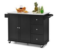 COSTWAY Desserte de Cuisine à Roulettes - Plateau Acier Inox. - îlot Chariot de Cuisine - 3 Tiroirs, 2 Portes et Porte-épices, Noir