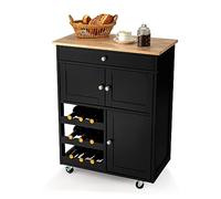 COSTWAY Desserte de Cuisine à roulettes, Rangement Cuisine Plateau en Bois d'Hévéa, Tiroir, Porte-Bouteilles à 3 Niveaux et 2 Placards, Idéal pour Restaurant, Bar, 37 x 67 x 86 cm, Noir