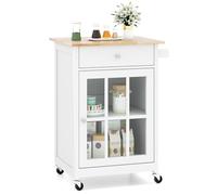 COSTWAY Desserte de Cuisine avec Plateau en Bois d'Hévéa, Chariot de Cuisine Mobile avec Porte en Verre Trempé, Tiroir, Porte-Serviettes, Étagère Réglable, Roues Verrouillables, Blanc