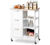 COSTWAY Desserte de Cuisine avec Roulette Universelles Verrouillables, Plateau en Bois d'Hévéa, Étagères Amovibles, 3 Tiroirs,