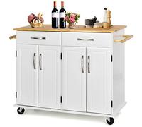 COSTWAY Desserte de Cuisine sur roulettes avec Comptoir en Bois D'hévéa, Chariot de Service à 4 Portes avec Étagères Réglables, 2 Grands Tiroirs, Porte-Serviettes, 48 x 122 x 93 cm, Blanc