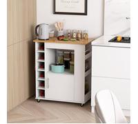 COSTWAY Desserte de Cuisine sur roulettes - Casier à Vin 6 Bouteilles, Étagère à épices, Porte - Chariot Ilot de Cuisine - Blanc