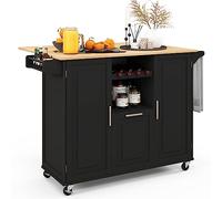 COSTWAY Desserte de Cuisine sur roulettes, Ilot Central Cuisine avec Plan de Travail Extensible Rabattable en Bois d'hévéa, Chariot de Service avec Tiroir, Porte-Bouteilles, Porte-Serviettes (Noir)
