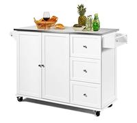 COSTWAY Desserte de Cuisine sur roulettes, Îlot Central Cuisine Plateau en Acier Inoxydable, avec 3 Tiroirs, Armoire à 2 Portes, Etagères Réglables, Porte-Serviettes et Support à Épices, Blanc