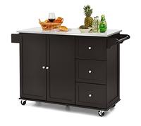 COSTWAY Desserte de Cuisine sur roulettes, Îlot Central Cuisine Plateau en Acier Inoxydable, avec 3 Tiroirs, Armoire à 2 Portes, Etagères Réglables, Porte-Serviettes et Support à Épices, Marron