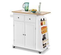 COSTWAY Desserte de Cuisine sur roulettes Plateau en Bois d'Hévéa, îlot Central de Cuisine avec Porte-Serviettes, Chariot de Service avec Grand Tiroir, Étagère Réglable, 46 x 88 x 90 cm, Blanc