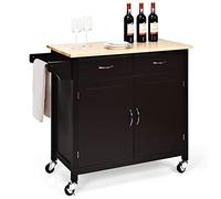 COSTWAY Desserte de Cuisine sur roulettes Plateau en Bois d'hévéa, îlot Central de Cuisine avec Porte-Serviettes, Chariot de Service avec 2 Tiroirs et 2 Portes, 48 x 110 x 90 cm (Brun)
