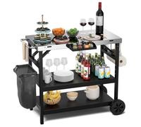 COSTWAY Desserte Extérieure à Roulettes 3 Etagères,Plan de Travail en Acier,Support à Epices,4 Crochets de Suspension,Porte-