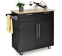 COSTWAY Dessertes Îlot Central Cuisine avec Table 4 Roues Universelles Porte-Serviettes, Desserte avec 2 Tiroirs et Grand Placard de Rangement Épices, 94x41x94cm (Noir)