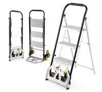 COSTWAY Diable Pliable et Échelle 2 en 1, Escabeau en Aluminium à 3 Marches avec Pédales Antidérapantes, Chariot Portable avec Roues en Caoutchouc pour Maison, Entrepôt, Bureau, Charge 250 kg