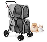 COSTWAY Double Couche Poussette pour Chien Chat, 2 Cages Détachables avec Porte Avant et Arrière, Roues Pivotants Universelles, Poussette de Voyage pour Animaux pour Twin ou Multiple (Gris,Style 1)