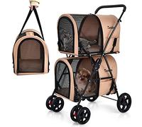 COSTWAY Double Couche Poussette pour Chien Chat Animaux, 2 Cages Détachables avec Porte Avant et Arrière, Roues Pivotants Universelles, Poussette de Voyage pour Animaux pour Twin ou Multiple (Brun)