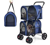 COSTWAY Double Couche Poussette pour Chien Chat Animaux, 2 Cages Détachables avec Porte Avant et Arrière, Roues Pivotants Universelles, Poussette de Voyage pour Animaux pour Twin ou Multiple (Bleu)