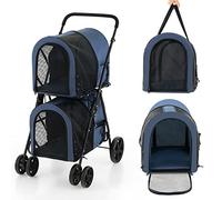 COSTWAY Double Couche Poussette pour Chien Chat Animaux, 2 Cages Détachables avec Porte Avant et Arrière, Roues Pivotants Universelles, Poussette de Voyage pour Animaux pour Twin ou Multiple