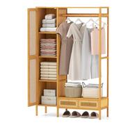 COSTWAY Dressing Penderie Chambre en Bambou, Armoire Penderie Chambre 160 cm avec Tringle, 2 Tiroirs, 4 Compartiments, Porte Magnétique, Meuble Cannage pour Entrée, Vestiaire, Naturel