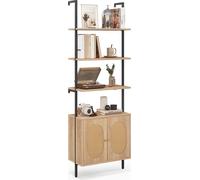 COSTWAY Échelle-Bibliothèque avec armoire en rotin, étagère murale avec cadre métallique solide & 3 étagères, étagère de présentation ouverte avec 6 niveaux Naturel