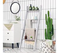 COSTWAY Échelle Porte Serviette en Bois de Pin à 4 Niveaux Surface Biseautée Antidérapante 50x7,5x136,7 cm, Étagère Salle de Bain Entièrement Peint Simple Rustique pour Salon, Salle de Bain (Gris)