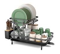 COSTWAY Égouttoir à Vaisselle Cuisine Pliable 2 Niveaux, Porte-Vaisselle Antirouille Bac de Récupération Amovible 56x31x30cm, Grande Capacité pour Comptoir ou Evier de Cuisine