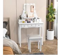 CostwayTable de Maquillage avec Miroir Éclairé Coiffeuse avec Lumières 3 Modes de Couleur Luminosité Réglable 5 Tiroirs et Tabouret Doux Blanc