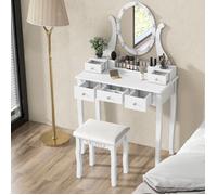 COSTWAY Ensemble 2 en 1 Coiffeuse et Tabouret, Miroir Rotatif, 10 Ampoules LED, 3 Modes de Couleurs, Luminosité Réglable, 5 Tiroirs