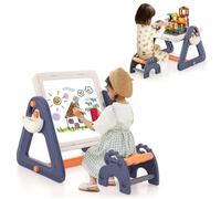COSTWAY Ensemble 2 en 1 Table d’Art et Tabouret Enfants-160 Accessoires, Multi-activités Convertibles, Bureau Rotatif et Amovible