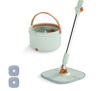 COSTWAY Ensemble Balai Serpillière Seau Essoreur, Tête Plate Rotatif 360°, Panier Essoreur avec Poignée, 2 Lingettes Lavables Réutilisable, Nettoyage Rapide pour Usage (Plus Balai-2 Serpillères-Vert)