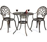 COSTWAY Ensemble bistrot 3 pièces avec 2 chaises & table d'appoint, table ronde avec seau à glace amovible & 2 chaises en fonte d'aluminium, ensemble de meubles de jardin pour véranda, terrasse & jard