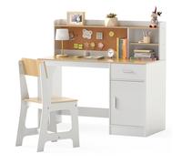 COSTWAY Ensemble Bureau et Chaise d'Étude pour Enfants 3+ Ans avec Étagères, Tiroir, Tableau en liège, Naturel